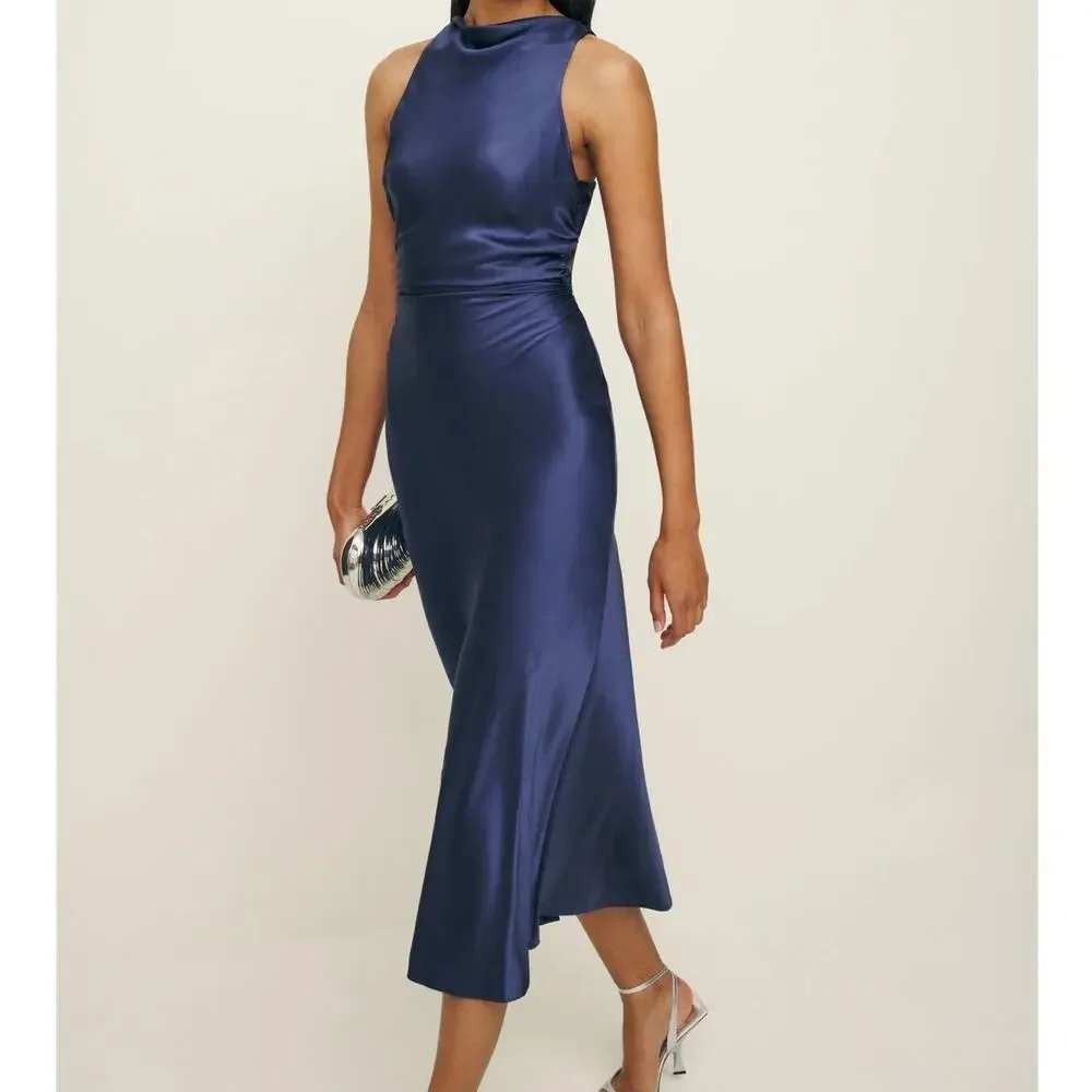 Reformation Casette Silk Dress Size 6 Blue Iris Open Back Midi NWT - Picture 2 of 9